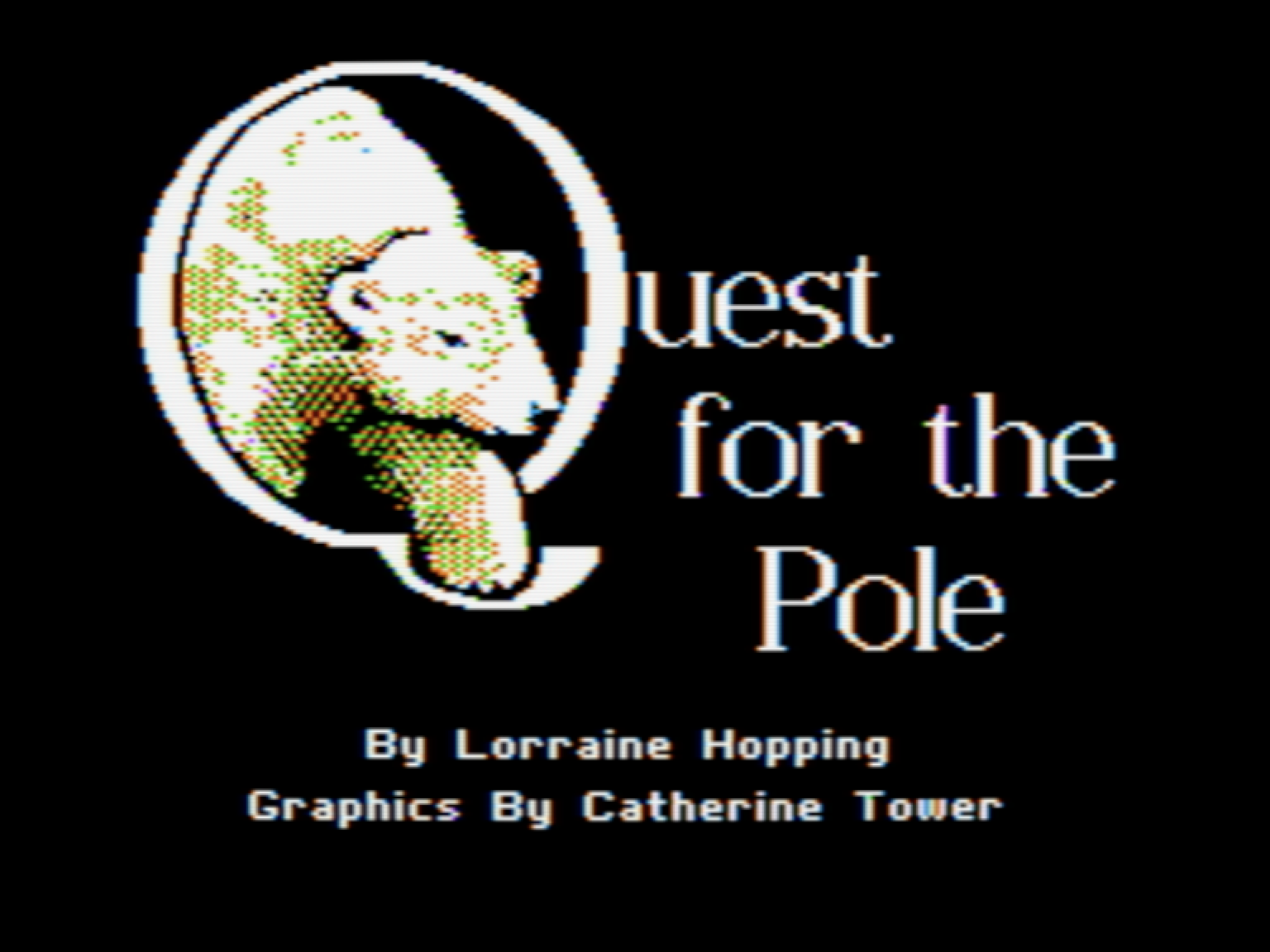 title screenshot from "Quest for the Pole" with polar bear inside the giant letter Q