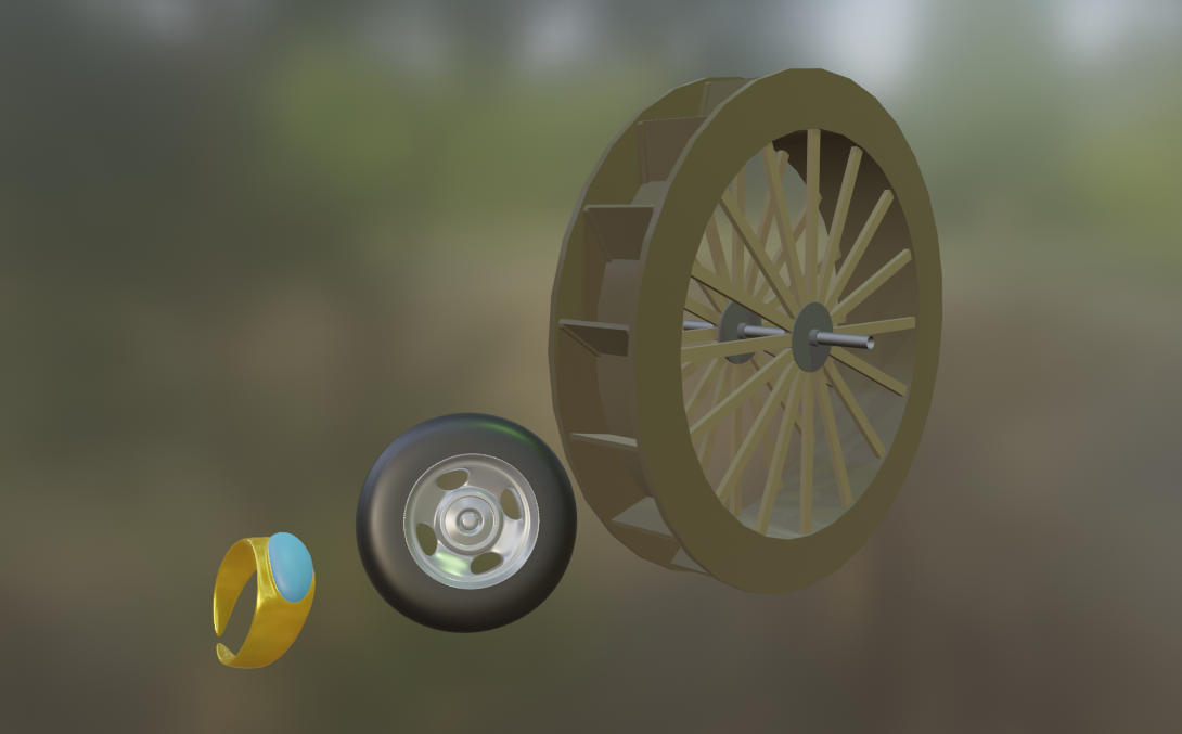 A 3D render of a scene containing a water wheel, a car tyre, and a gold ring