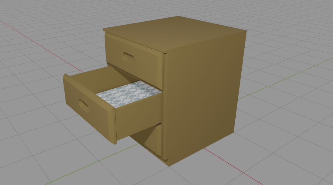 A low poly model of a chest of drawers with the middle drawer open. A draw liner with a tessellating pattern is visible inside