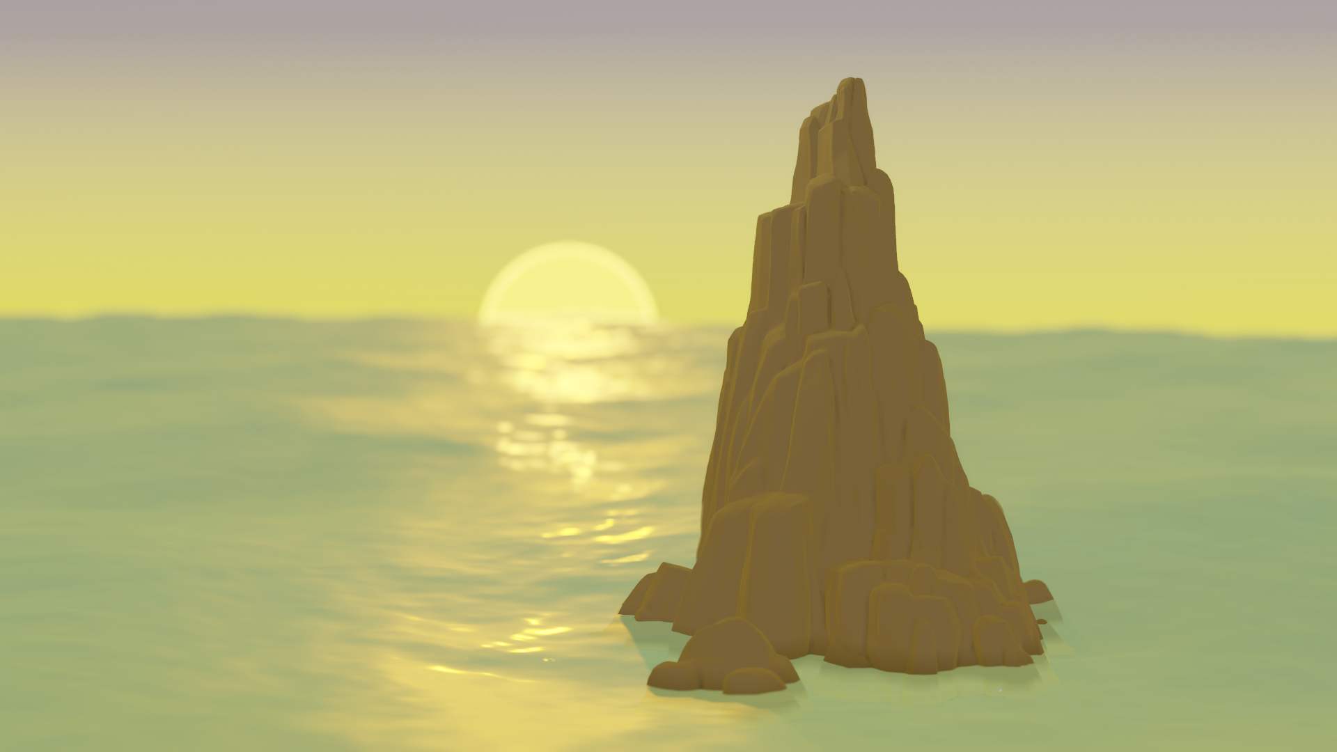 A sculpted island on an ocean at sunset