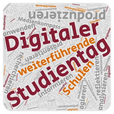 Wortwolke mit Schlagworten der Medienbildung: Digitaler Studientag, produzieren, recherchieren, kommunizieren