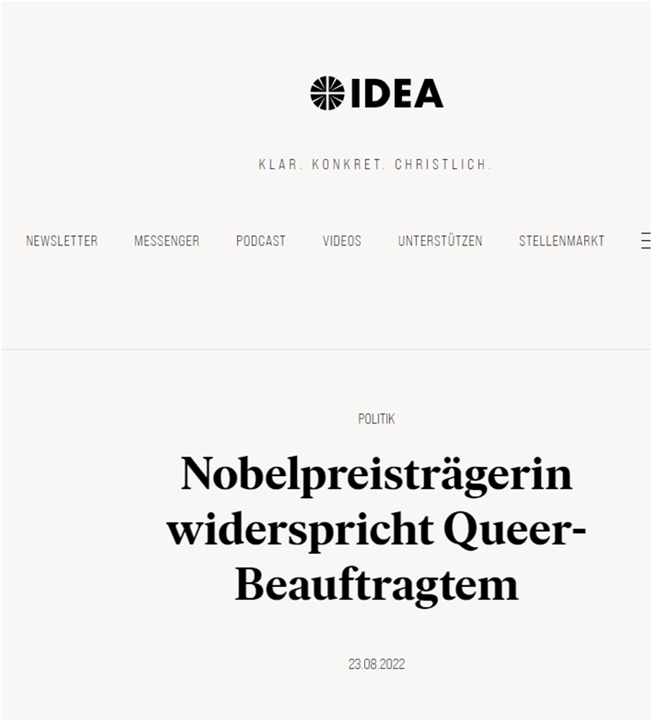 Screenshot von einem idea-Artikel vom 23.08.2022: „Politik: Nobelpreisträgerin widerspricht Queer-Beauftragtem“.