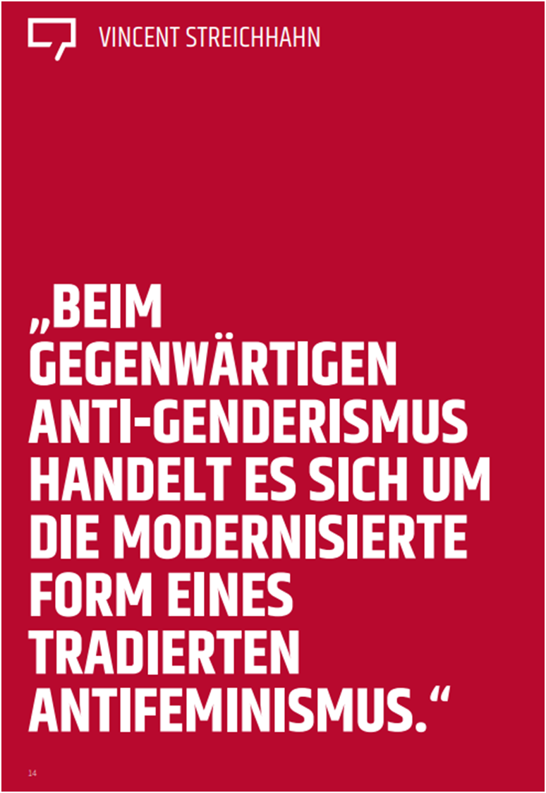 In weißer Schrift auf rotem Grund Vincent Streichmann: „Beim gegenwärtigen Anti-Genderismus handelt es sich um die modernisierte Form eines tradierten Antifeminismus.“