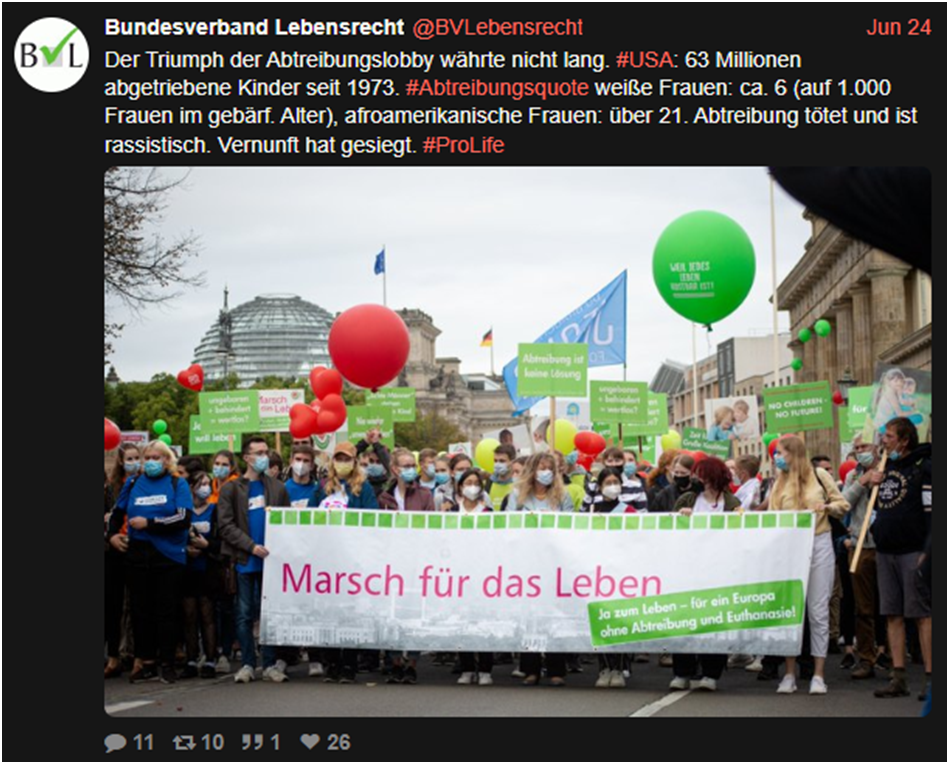 Ein Tweet vom BVL mit Text, der schon im Thread zitiert wurde. Darunter ist eine Gruppe von Menschen zu sehen, die mit Mund-Nasen-Schutz hinter einem Banner demonstrieren. Manche der Teilnehmer*innen tragen rote oder grüne Luftballons.