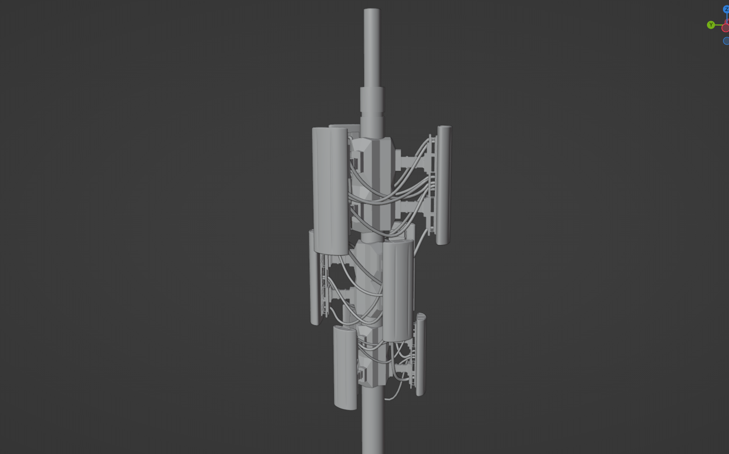 A 3d model of a large sfi-fi looking signal tower, with messy cables running between its 8 err emitters/receivers