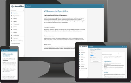 OpenSlides-Webanwendung auf Desktop, Smartphone und Tablet