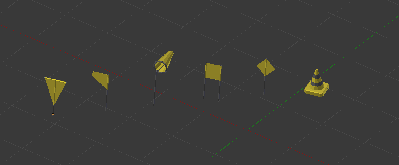 A Blender viewport screenshot of 6 different dig tile markers. Four have flat flag type bits of various shapes, one is a windsock, and another is a witch's hat (traffic cone for people outside Australia)