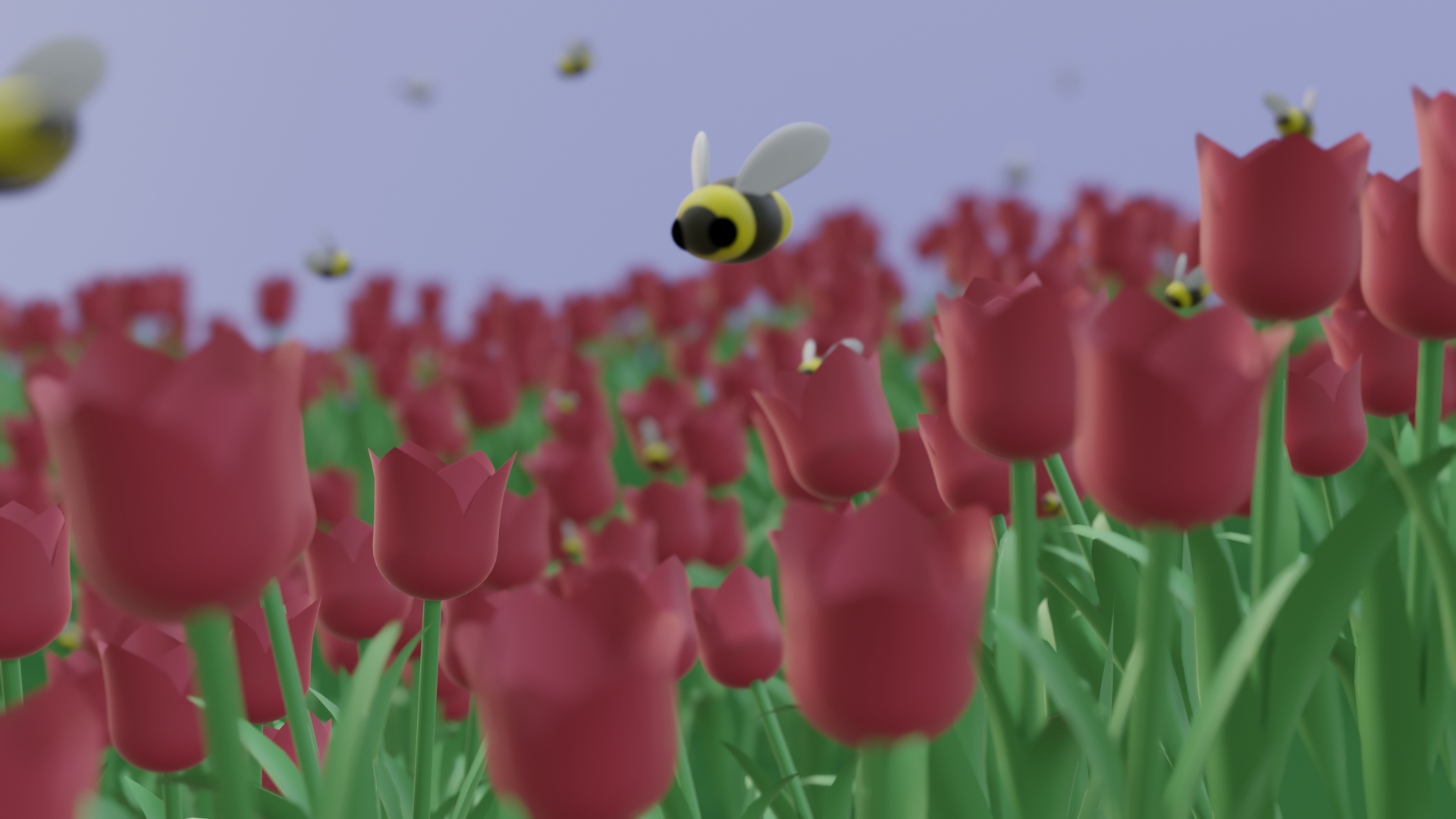 A stylised field of tulips being visited by some cute round bees