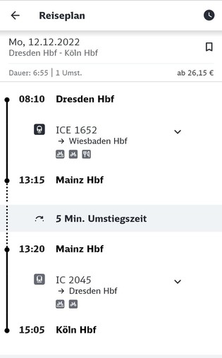 Screenshot von einer Verbindung Dresden-Köln aus dem DB Navigator. Von Dresden nach Mainz mit dem ICE 1652. In Mainz dann Umstieg in den 
IC 2045 nach Köln mit Fahrtziel wieder Dresden.