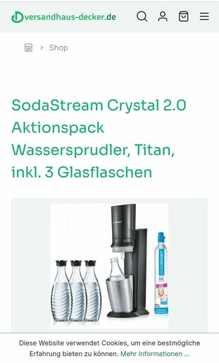 Bild des Fakeshop: versandhaus-decker.de

Angebot für 

SodaStream Crystal 2.0 Aktionspack Wassersprudler, Titan, inkl. 3 Glasflaschen

60L
