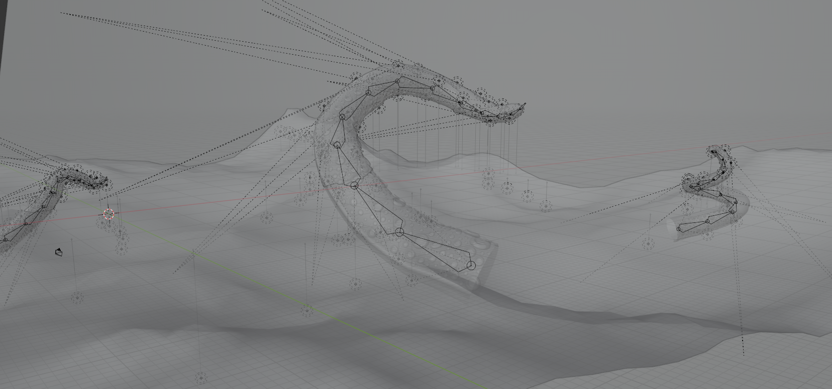 A flat shaded view of the scene with Blender gizmos representing lights and the tentacle armatures