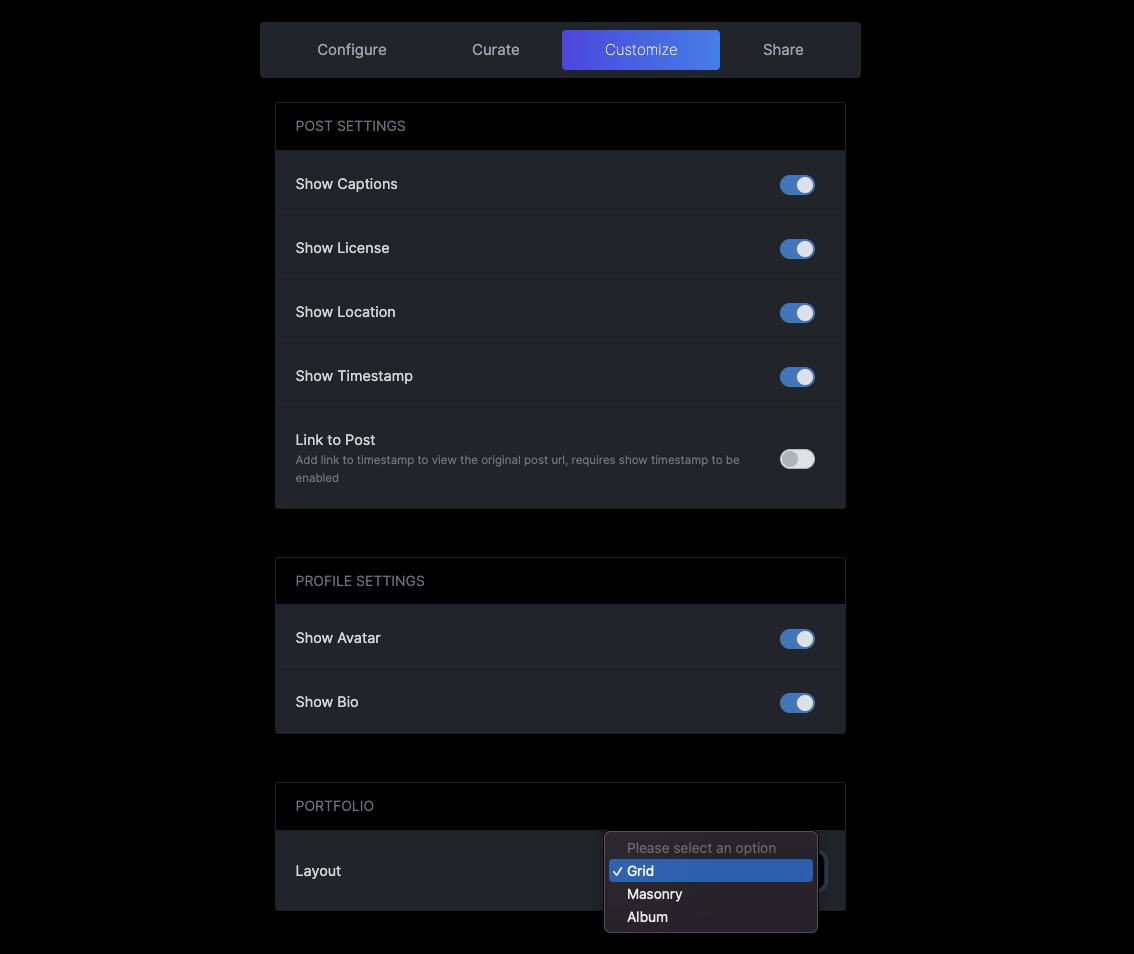 Portfolio customize settings