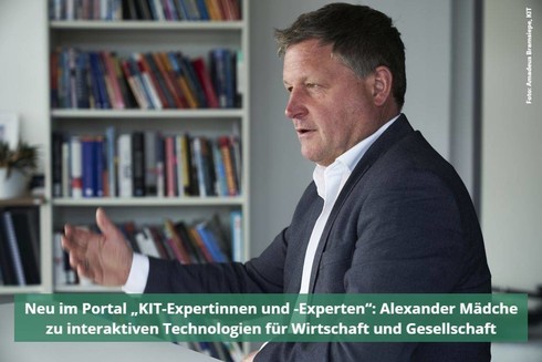 Porträtfoto von Alexander Mädche, Text: Neu im Portal „KIT-Expertinnen und -Experten“: Alexander Mädche zu interaktiven Technologien für Wirtschaft und Gesellschaft