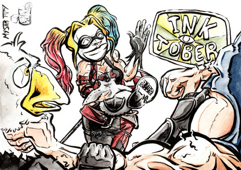HarleyQueen, cuddling the baby penguin, greets the Batman and Pygargue.