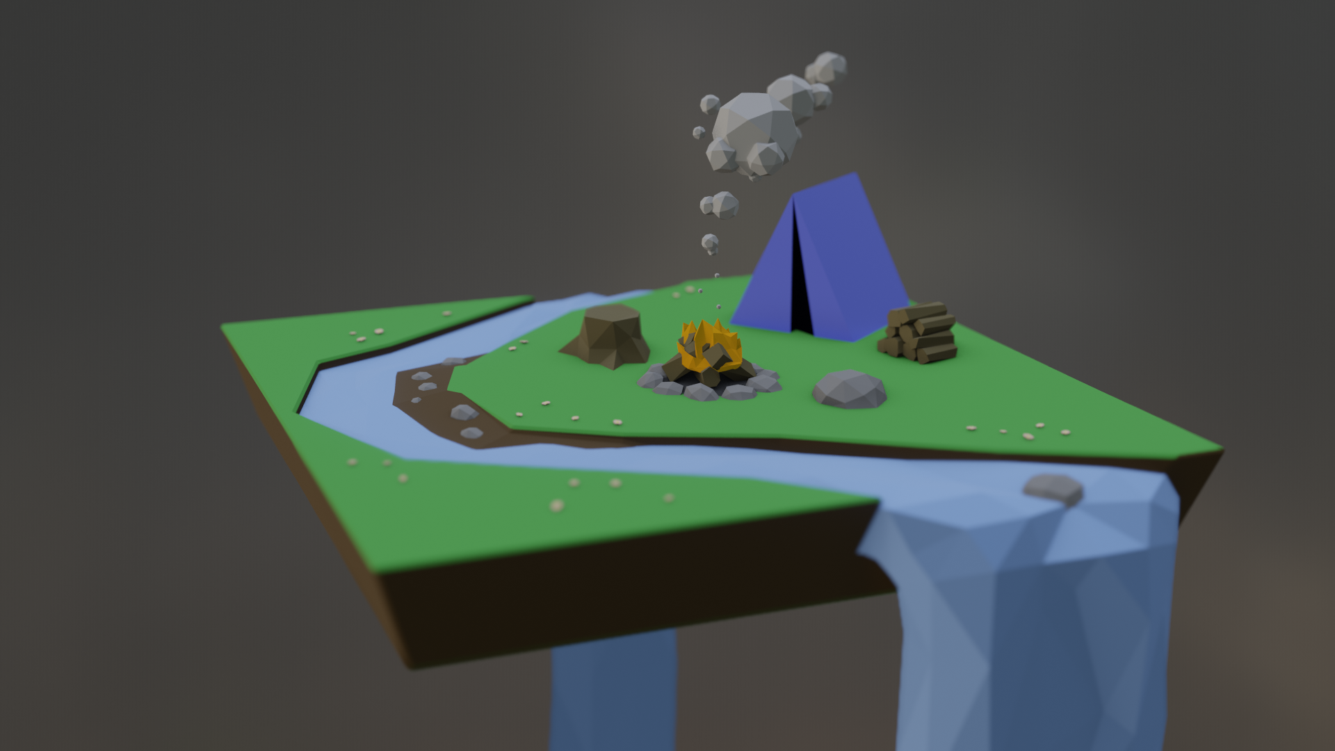 A cute little low poly scene of a blue tent with a campfire next to a river bend. The environment is a square, with the river becoming a waterfall as it spillesover the edge. A pile of firewood sits next to the tent, and a tree stump sits next to the campfire. Small pink flowers are dotted along the river bank