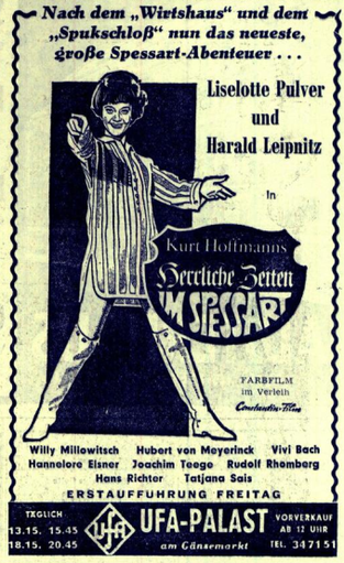 Kinowerbung für den Film "Herrliche Zeiten im Spessart" mit Lilo Pulver