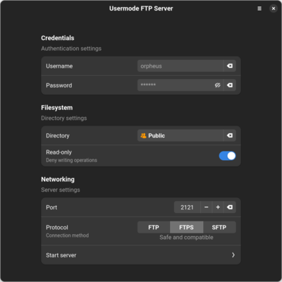Интерфейс Usermode FTP Server 