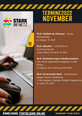 Veranstaltungsüberblick mit Titel und Daten grafisch aufbereitet, Inhalte via Link in Post