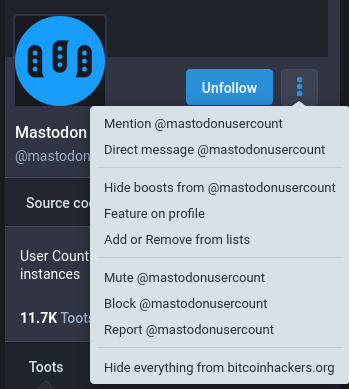 Screenshot of the profile dropdown menu includes several actions including "Hide boosts from @MastodonUserAccount"