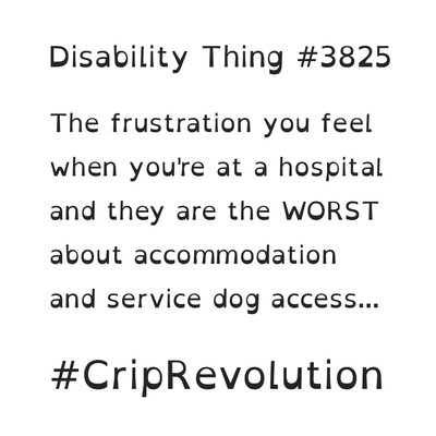 Black Text reading:
Disability Thing #3825
The frustration you feel when you’re at a hospital and they are the WORST about accommodation and service dog access…
#CripRevolution 