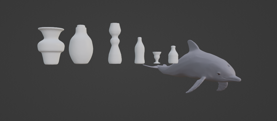 A screenshot of a wide vase, a clay bottle, a tall vase, a curvy bottle, an ornate looking vase, a fat stubby bottle, and a bottlenose dolphin