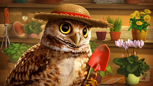 The Gardener (Painting of a Burrowing Owl wearing a straw hat and a tiny shovel)
