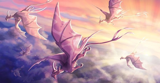 The Flock (Painting of a flock of dragons in the sunset sky).
