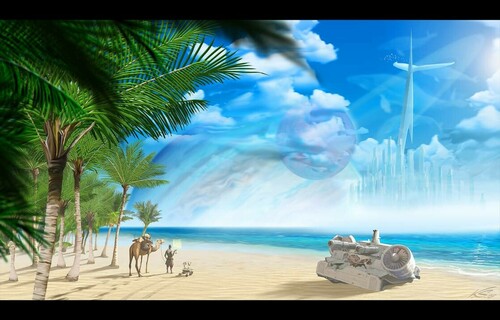 The tower of the whale-god (Painting of a futuristic landscape, a beach with a big tower visible in the distance).