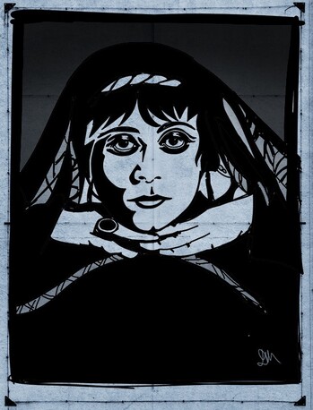 Illustration of Theda Bara, head resting on hands