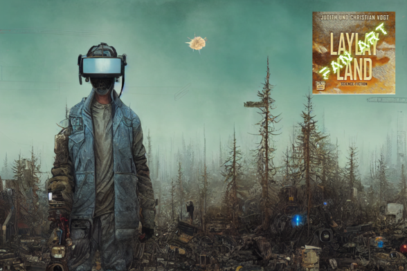 Ein Mann (Root 2.0) steht mit einer VR-Brile mitten in einer post-apokalyptischen Wald-Landschaft