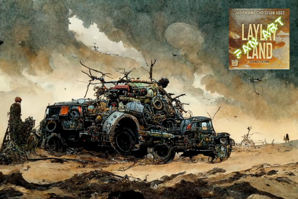 Ein aus Müll zusammengebasteltes Auto à la Mad Max in einer post-apokalyptischen Landschaft.