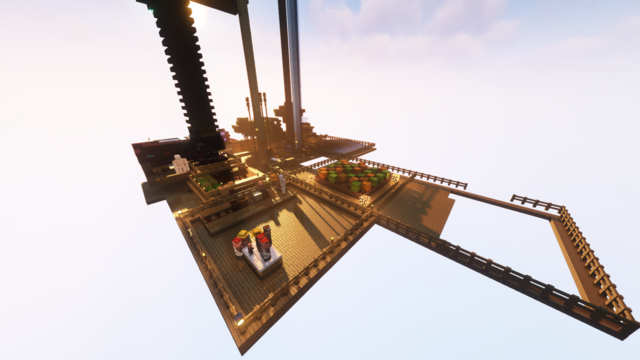 Picture of a minecraft oneblock skyblock world showing several farms, including villager trading, mob drop farm, melon and pumpkin farm, and general progress made building out the area.