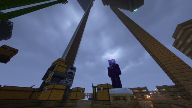 Picture of a sad minecraft player standing on their bed and looking down, with a rain filled grey sky as a backdrop after losing all their gear to the void.