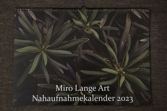 Das Deckblatt des Miro Lange Nahaufnahmekalenders zeigt die grünen Blätter mehrerer Wolfsmilch Pflanzen und den Titel des Kalenders.

Er enthält 12 Naturnahaufnahmen. Gedruckt in Din A3 Format auf hochwertiges 300g/m² dickes seidenmattes Fotopapier.