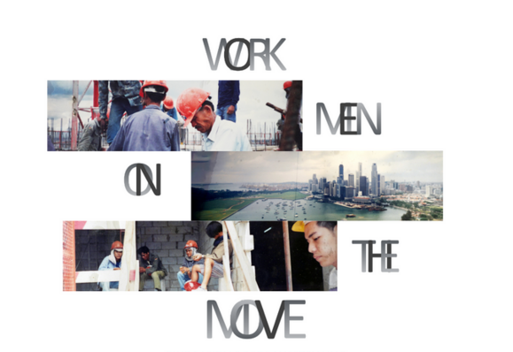 a photo collage with construction workers and the skyline of Singapore 