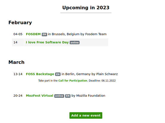 Screenshot from // foss.events showing events in February and March and ends with a "Add a new event" button