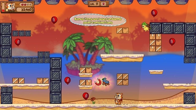 A video game screenshot from Smoothcade. A hamster looks up at a floating magnet and rollerblade while surrounded by both wooden and cardboard boxes.