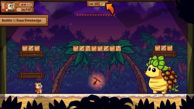 A video game screenshot from Smoothcade. A hamster stares down a giant armadillo. There is a pogo stick between them.