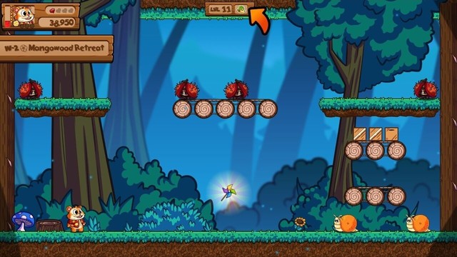 A video game screenshot from Smoothcade. A hamster stands in a forest. There are snails and spiny insects all around. A pinwheel floats in the middle of the screen.
