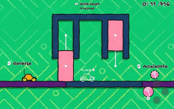 A video game screenshot from Jelly Car Worlds. A little orange car sits before two pink doors, one closed and the other open.