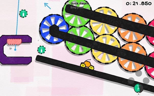 A video game screenshot from Jelly Car Worlds. A little orange car makes its way down a ramp that has colorful pinwheels above it.