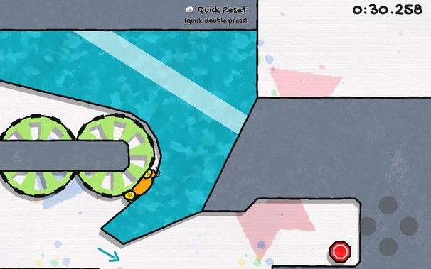 A video game screenshot from Jelly Car Worlds. A little orange car is smooshed between a green pinwheel and a blue curved wall.