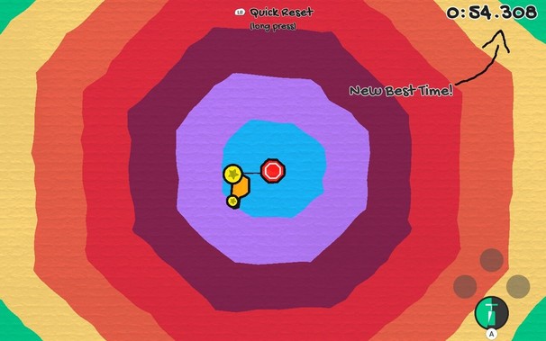 A video game screenshot from Jelly Car Worlds. A little orange car floats near a stop sign in a rainbow dimension.