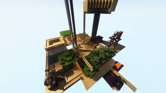 Overhead, overview shot of my base showing various simple minecraft farms including ones for oak trees, sugar cane, iron, mob drops, melon and pumpkin, trading village, kelp, and carrot and potato.