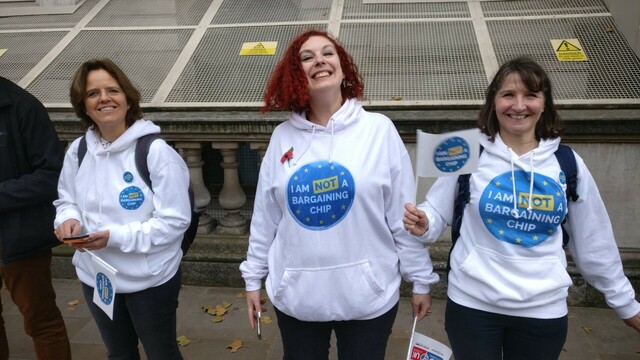 members of the3million in the human chain of EU citizens from UK Parliament to No 10 Downing Street wearing a "I am not a Bargaining Chip" hoodie on November 5th, 2018