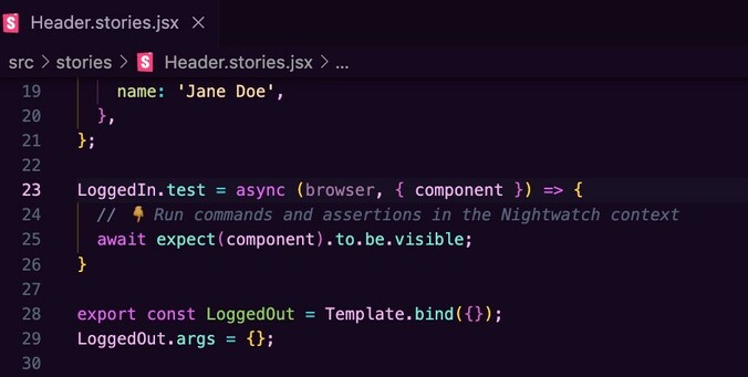 A storybookjs story with a test built in directly