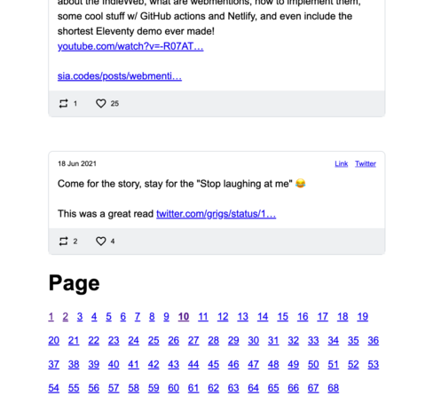 A heading that says "Page" with tweet-like content above then a list of numbers as links from 1 to 68