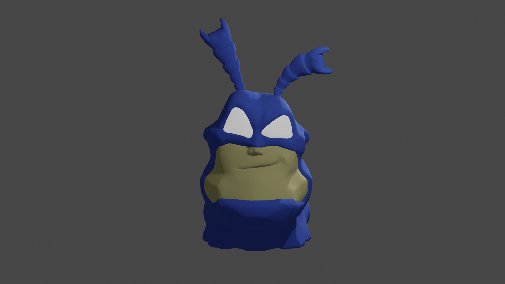 A 3D sculpt of The Tick's head in the style of the comic/animated series, with a slight smile and one eyebrow raised