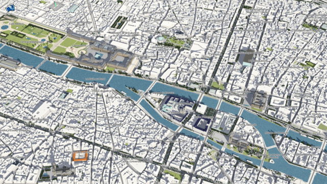 Le centre de Paris en exemple de carto en 3D sur les données OpenStreetMap.
