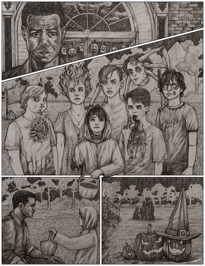 Pencil drawn comic featuring Mike Hanlon and the Neibolt Kids. The first panel shows Mike standing outside of the library, which is decorated for Halloween, looking shocked. The second panel shows the Neibolt versions of the Losers Club looking up at Mike. Georgie Denbrough is holding a trick-or-treat pail. The next panel shows Mike kneeling and Georgie holding the pail out towards hom. The final panel shows Mike reuniting with the Neibolt children while Halloween pumpkins smile in the foreground.